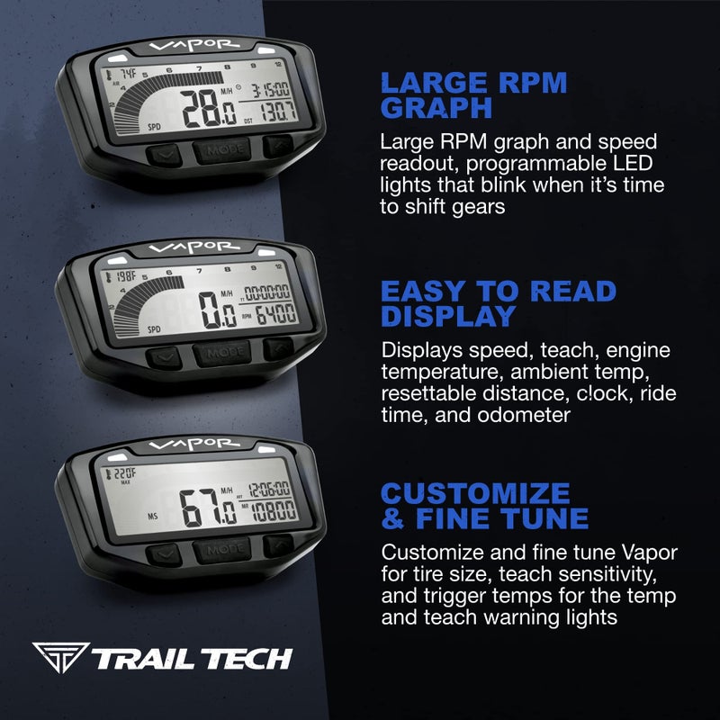Trail Tech 752-116 Vapor Digital Speedometer Tachometer Gauge Kit, 2000-2019 Honda Yamaha Suzuki CRF DR200 TTR TW XT - Image 3